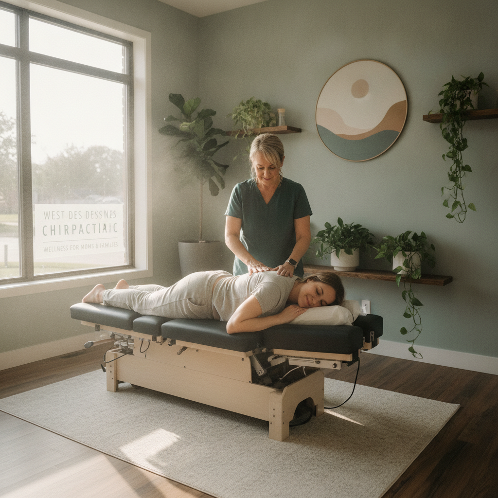 Expectant mother receiving gentle pregnancy-safe spinal care from a Chiropractor West Des Moines IA
