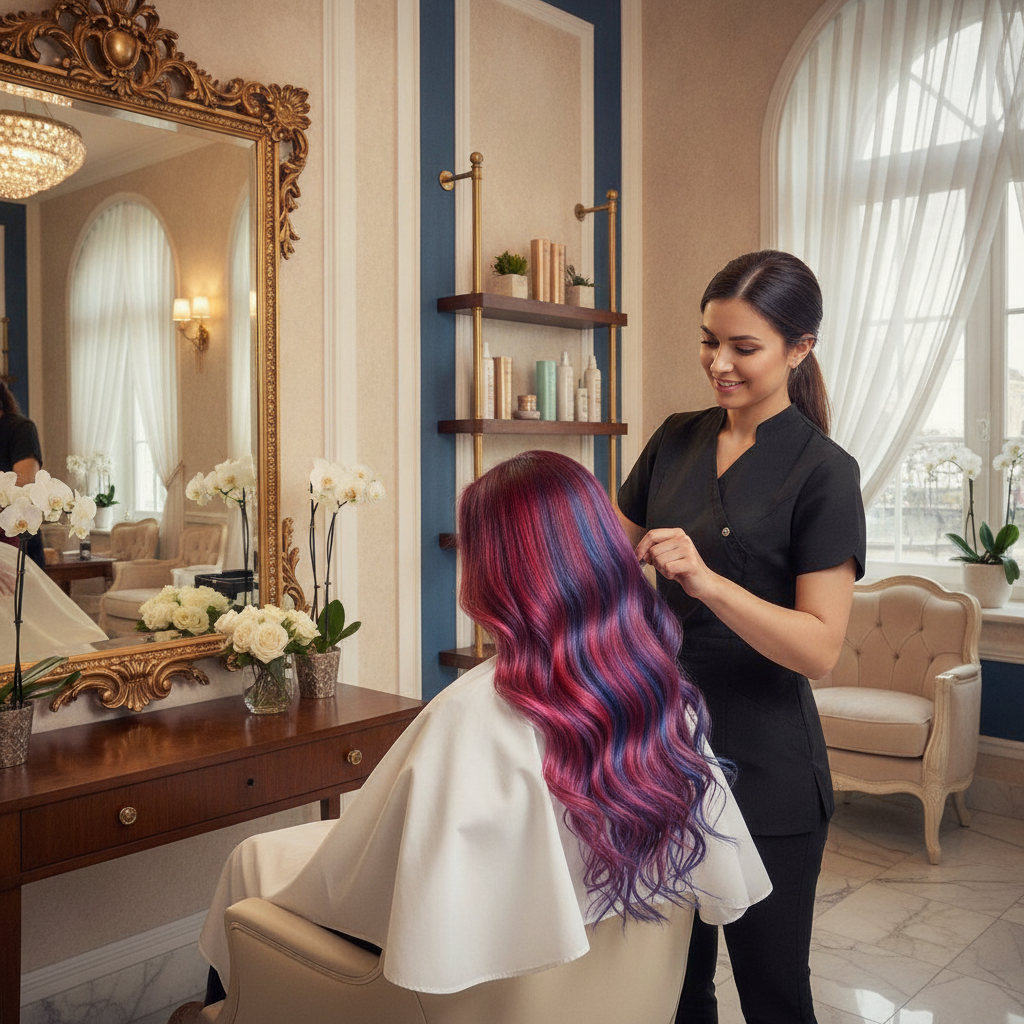 Woman with smooth, shiny color-treated hair after keratin treatment NYC in a modern salon