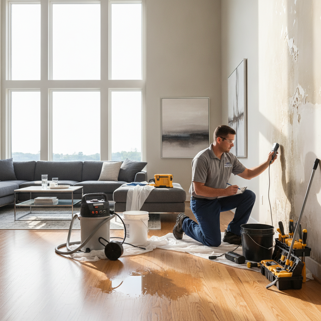 Water Damage Restoration Bloomfield Hills insurance claim process, technician assessing water-damaged property