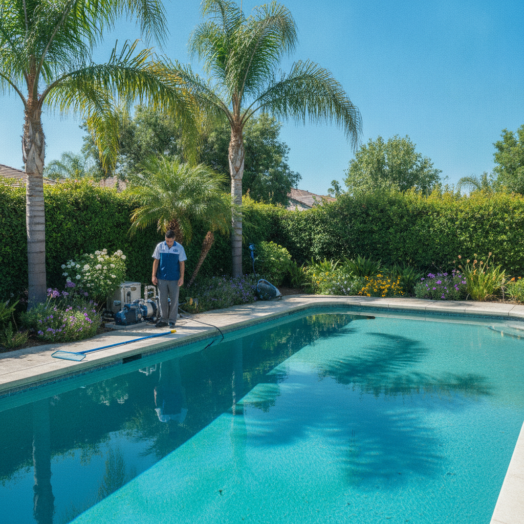 Professional pool cleaning service in action, sparkling blue pool, pool cleaning service irvine ca