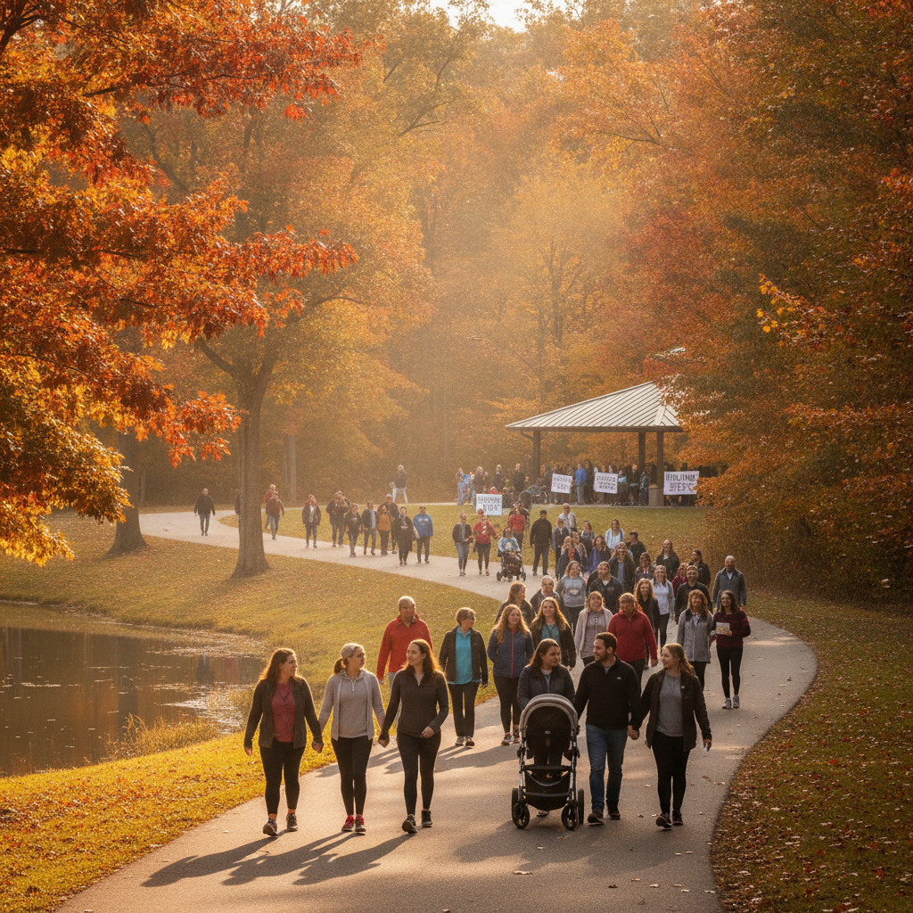 A group of adults walking outdoors in a Rochester Hills park, promoting sciatica treatment Rochester Hills through walking programs