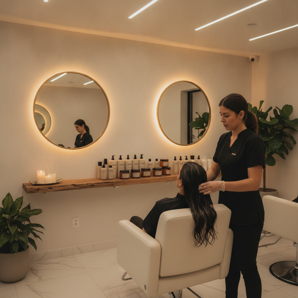 Woman with smooth, shiny hair after keratin treatment NYC in a modern salon
