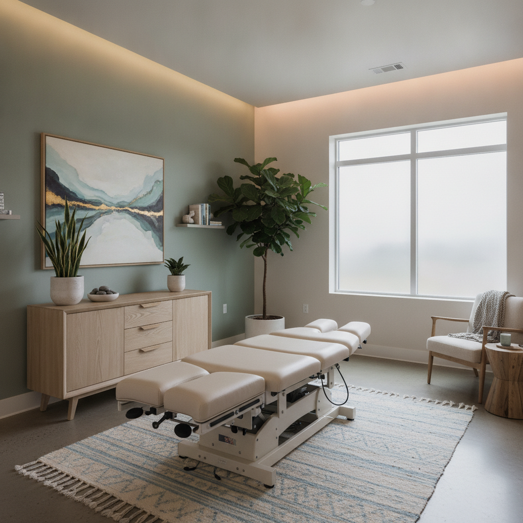 Modern chiropractic clinic interior with patient and doctor, Chiropractor West Des Moines IA