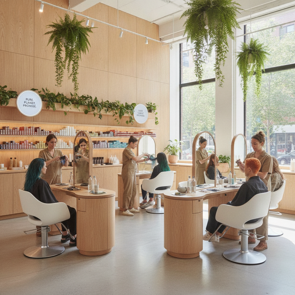 A modern eco-conscious Tribeca salon with sustainable hair coloring in progress, showcasing hair coloring Tribeca techniques