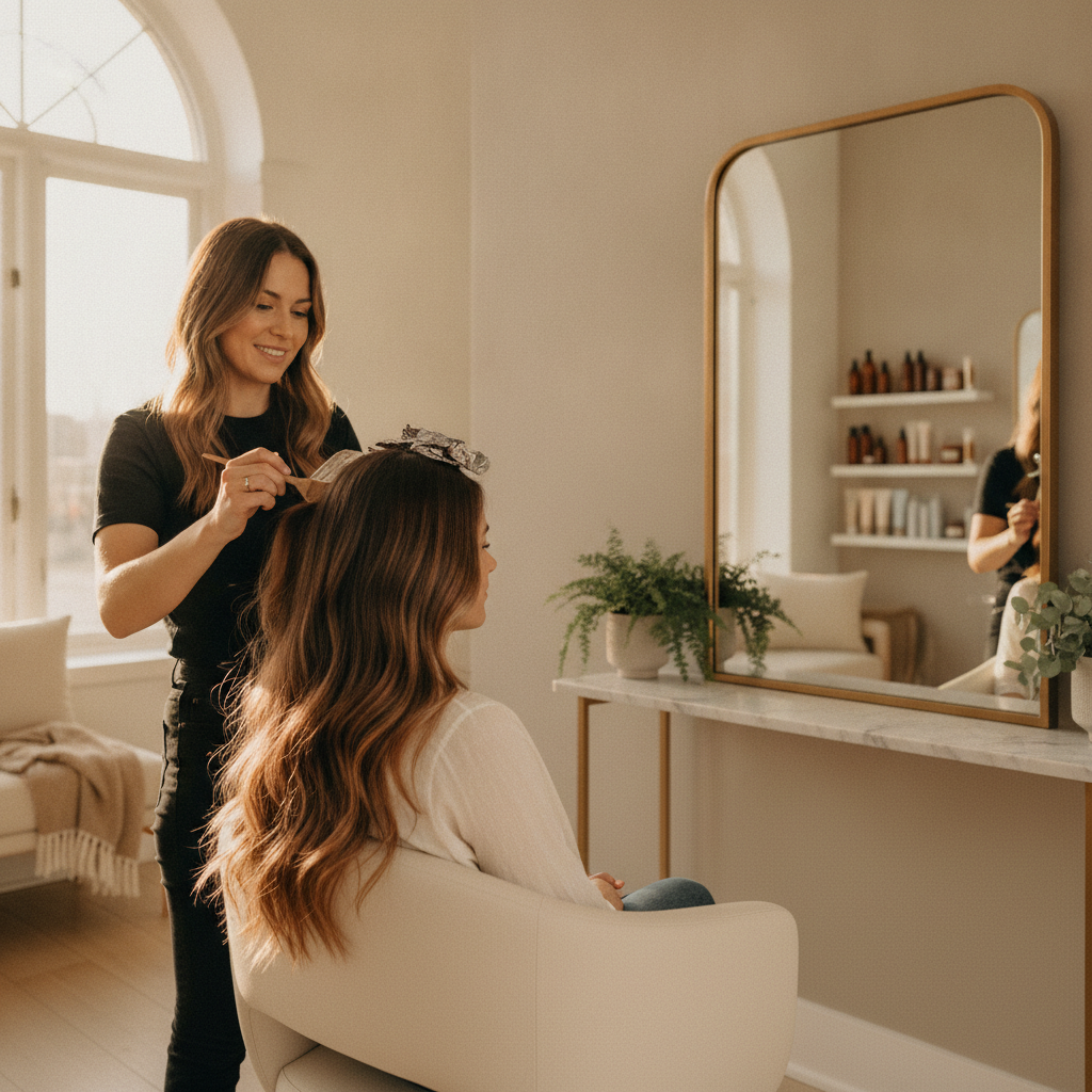 Balayage hair color Tribeca NYC: Modern, sun-kissed hair with seamless grow-out in a stylish salon setting