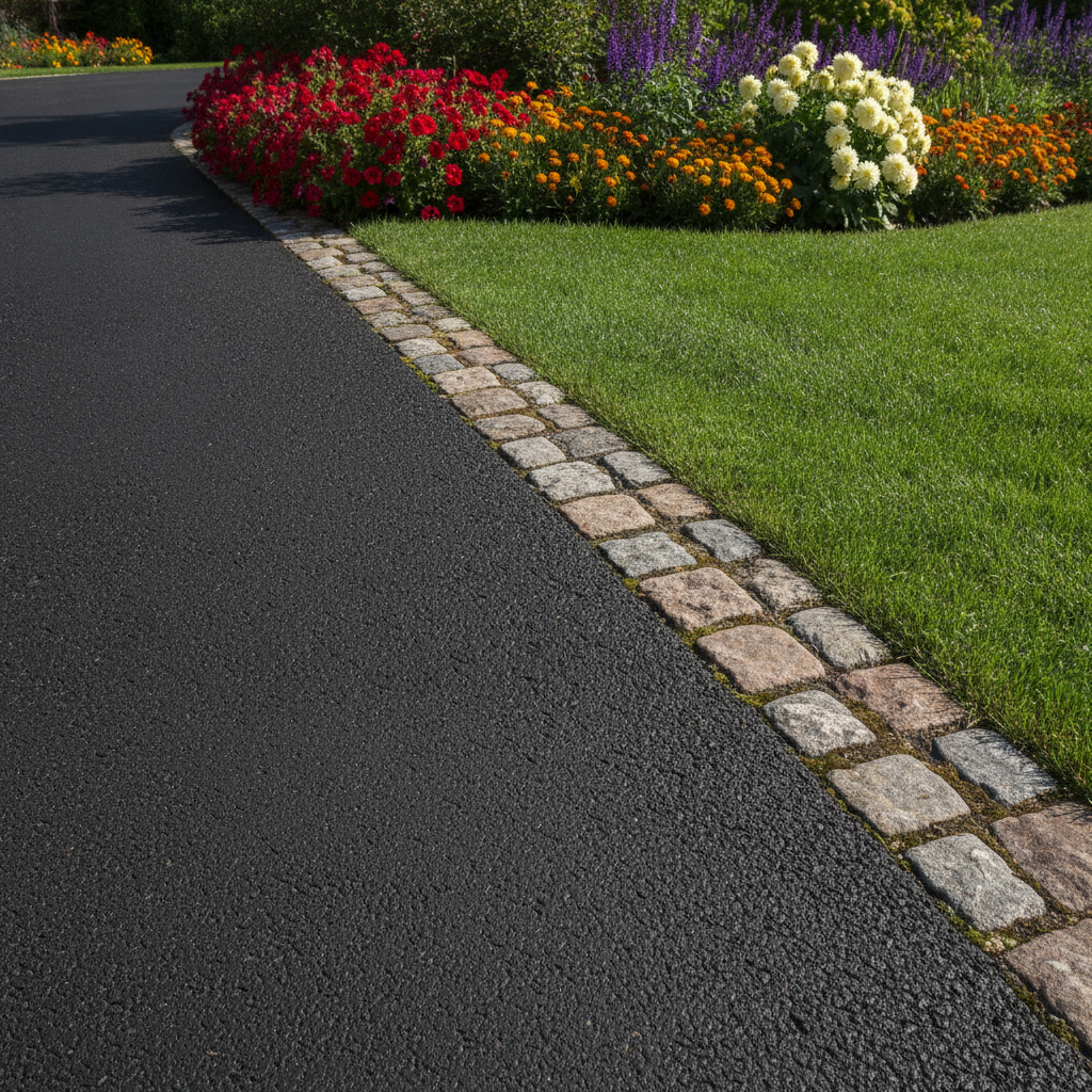 Freshly paved asphalt driveway with clean reinforced edges, an example of residential asphalt paving in Lodi NJ