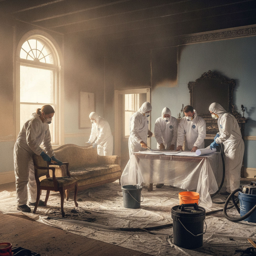 Fire Damage Restoration Bloomfield Hills: A team restoring a smoke-damaged office with advanced equipment and safety gear