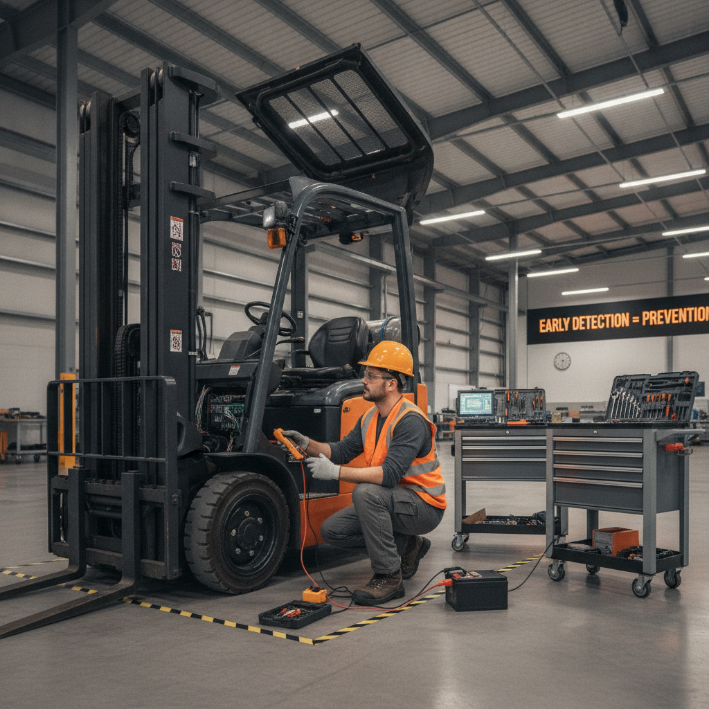 Technician using advanced forklift diagnostics Rockwall TX warehouse