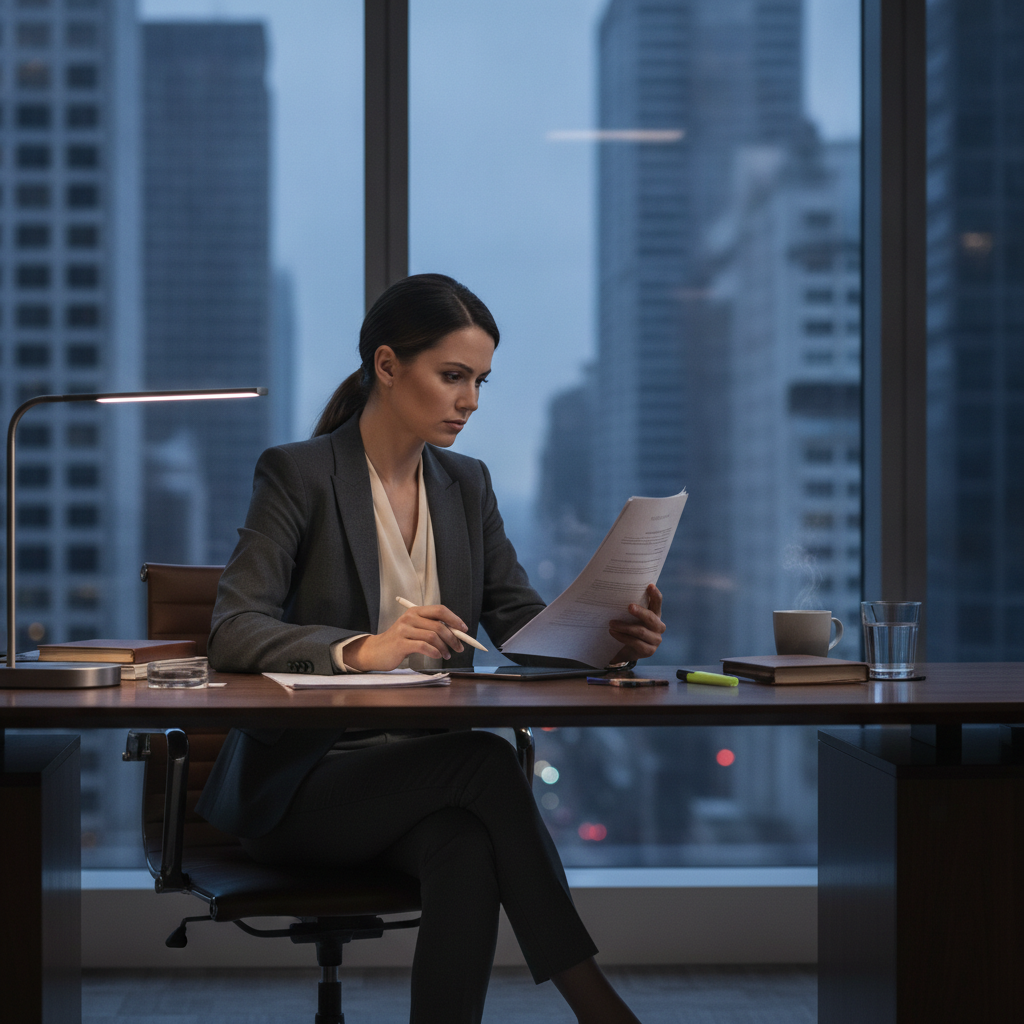 A business meeting with documents and a business litigation attorney discussing breach of contract claims