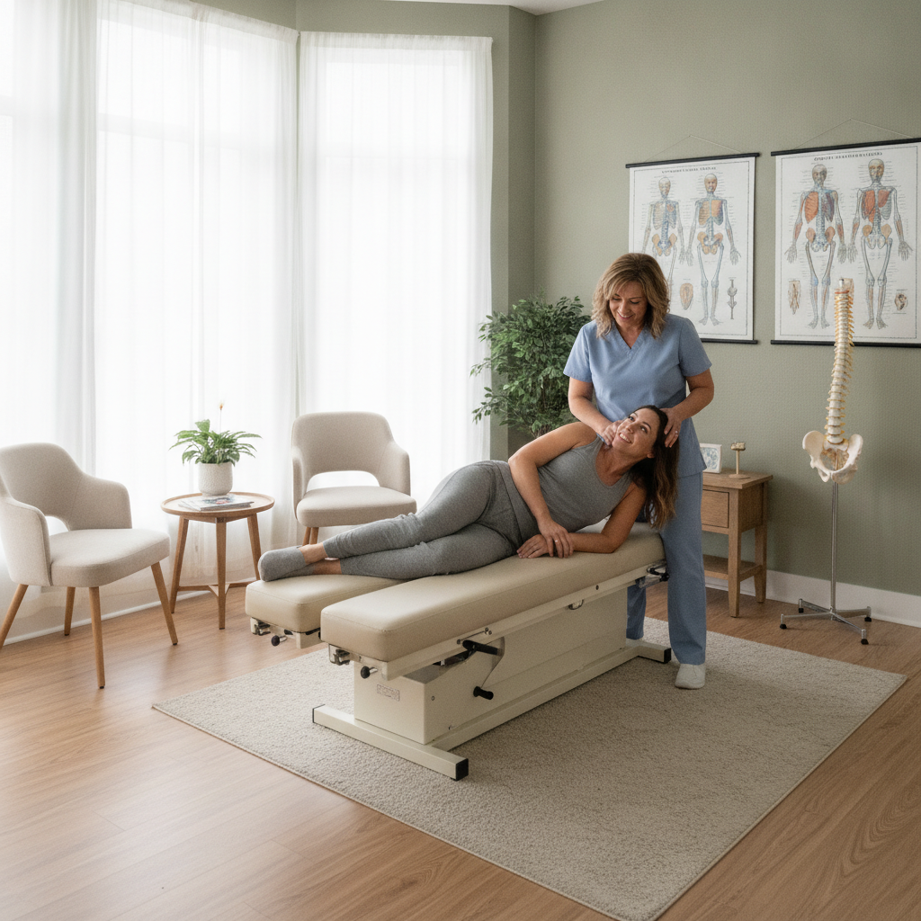 Chiropractor Grass Lake MI performing a first spinal assessment with a patient in a modern clinic setting