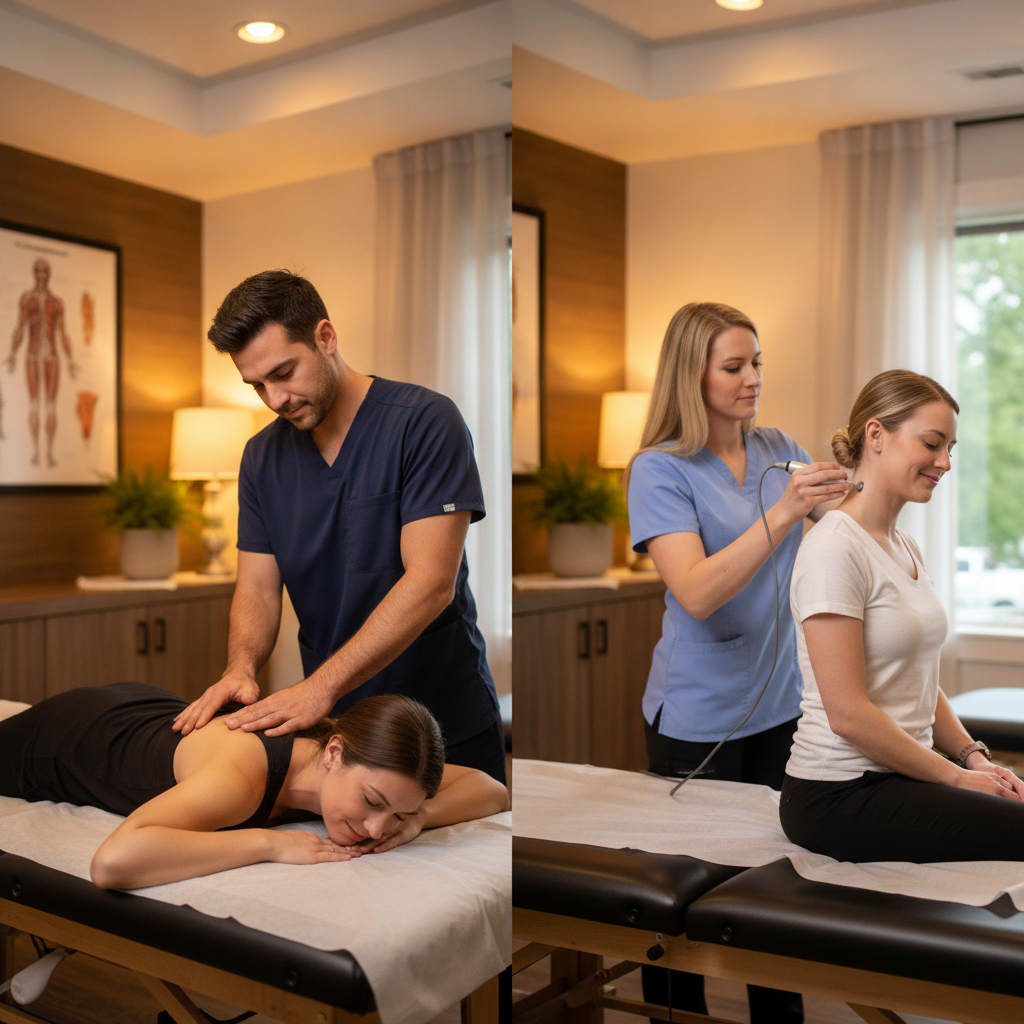 Chiropractor Rochester Hills performing instrument-assisted and hands-on adjustments on a patient in a modern clinic