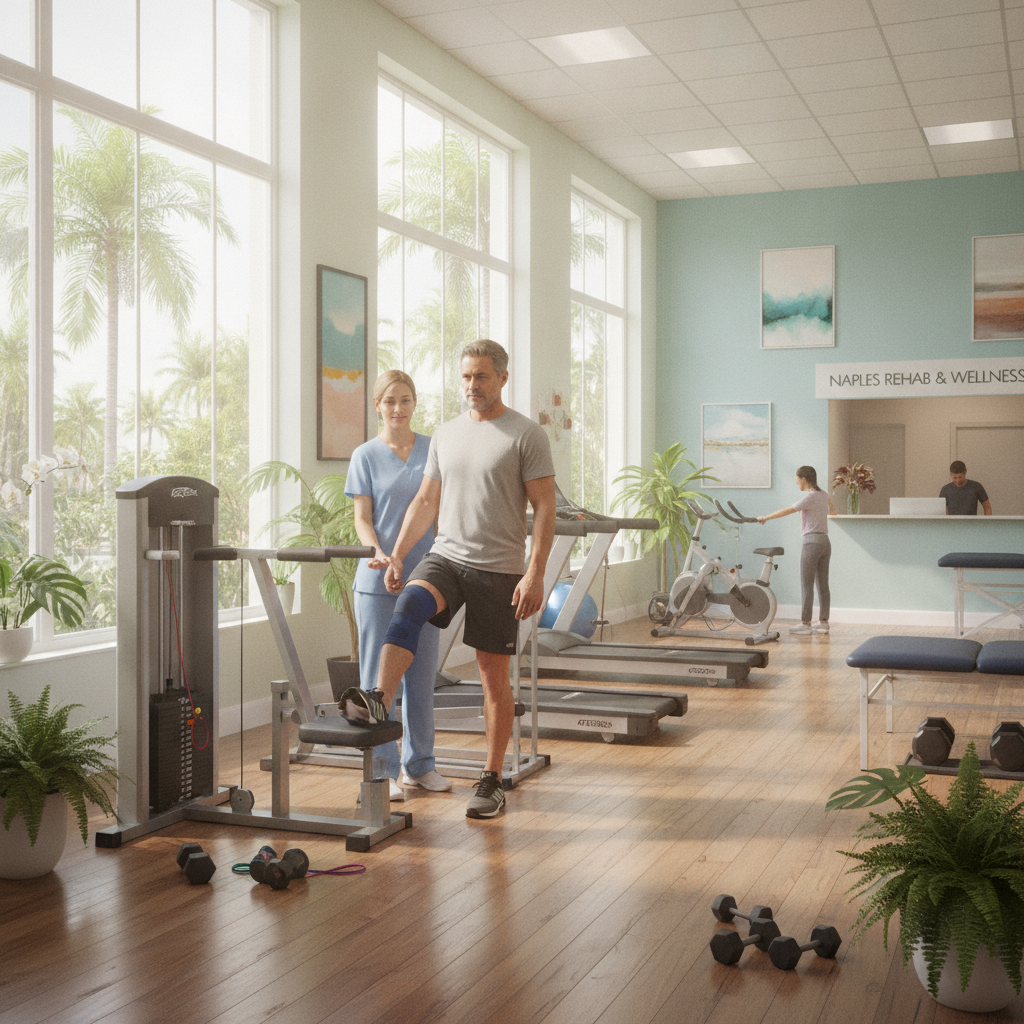 Physical therapist Naples FL assisting an athlete with sports injury recovery exercises in a modern clinic
