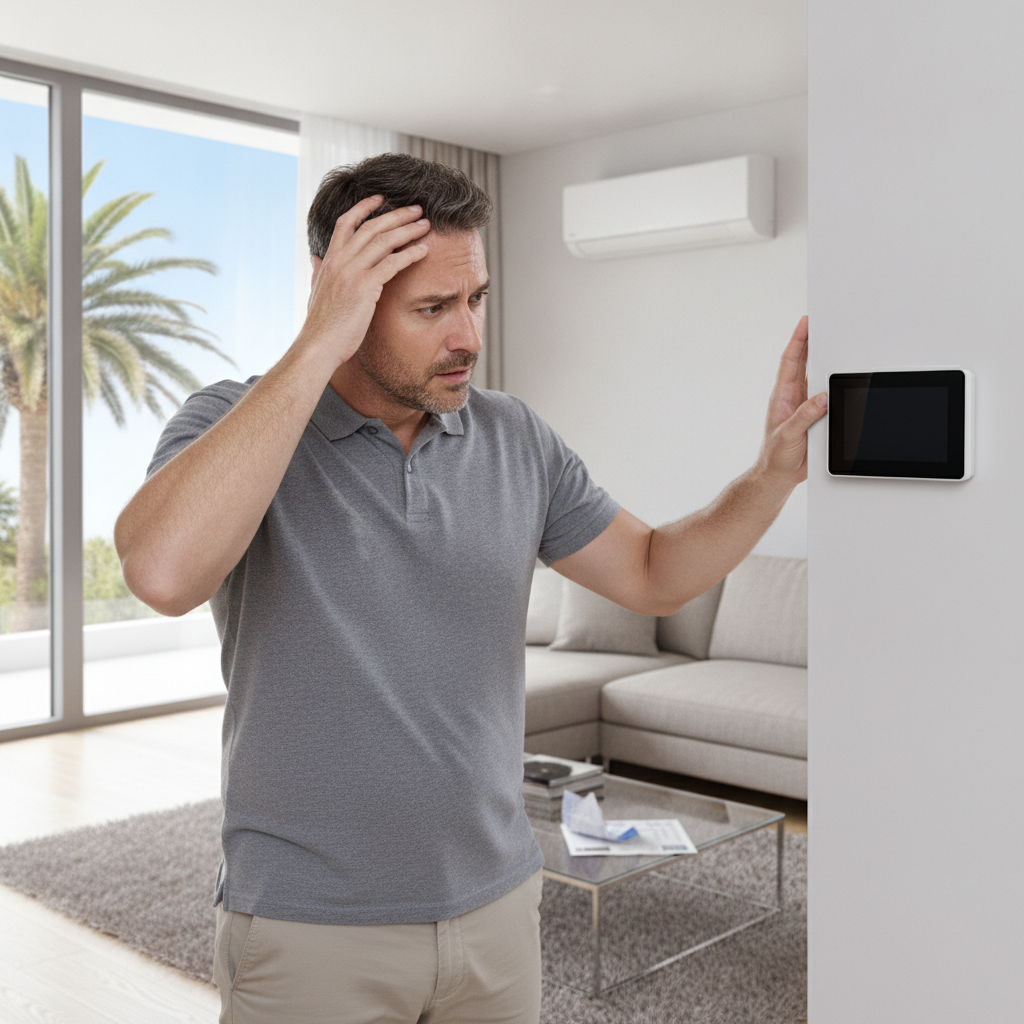 Technician troubleshooting a thermostat and AC unit for Emergency AC Repair Palm Harbor FL