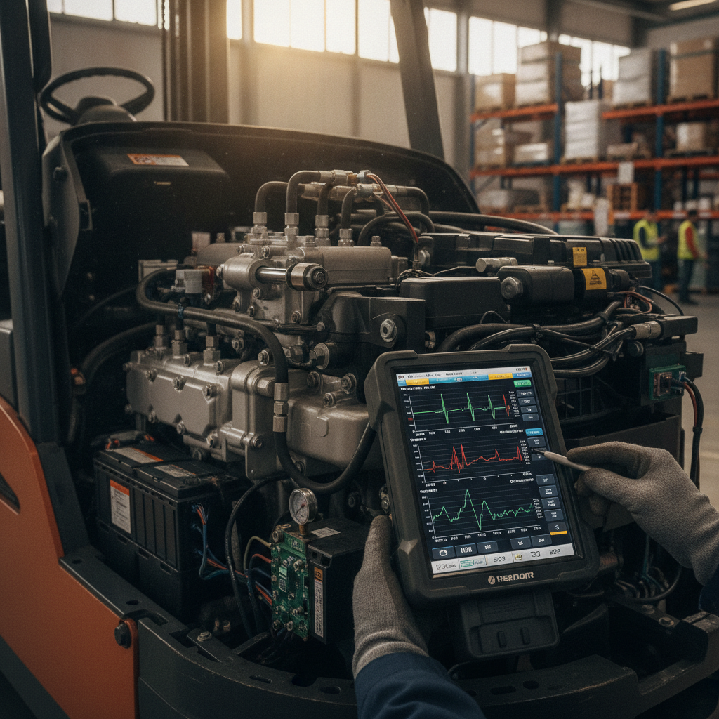 Technician performing a forklift diagnostic scan with a laptop, focusing on hydraulic, engine, and sensor analysis in a Rockwall TX warehouse, Forklift Diagnostics Rockwall TX