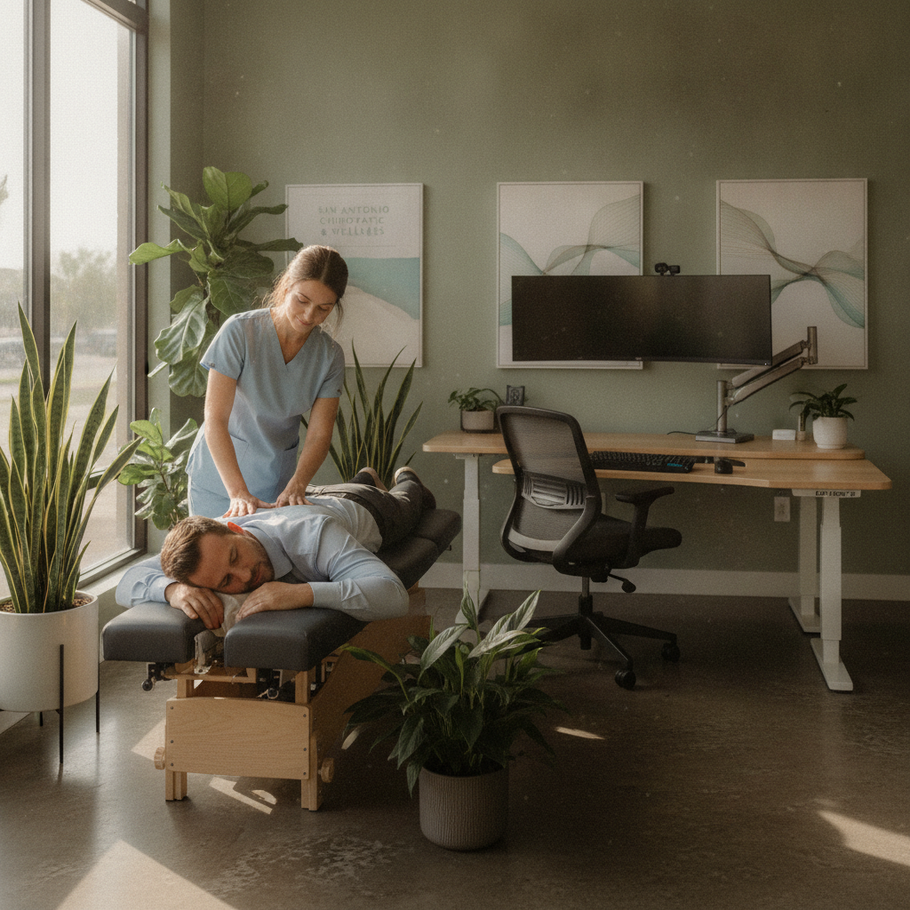 Desk worker receiving chiropractic care San Antonio TX for posture and neck tension relief