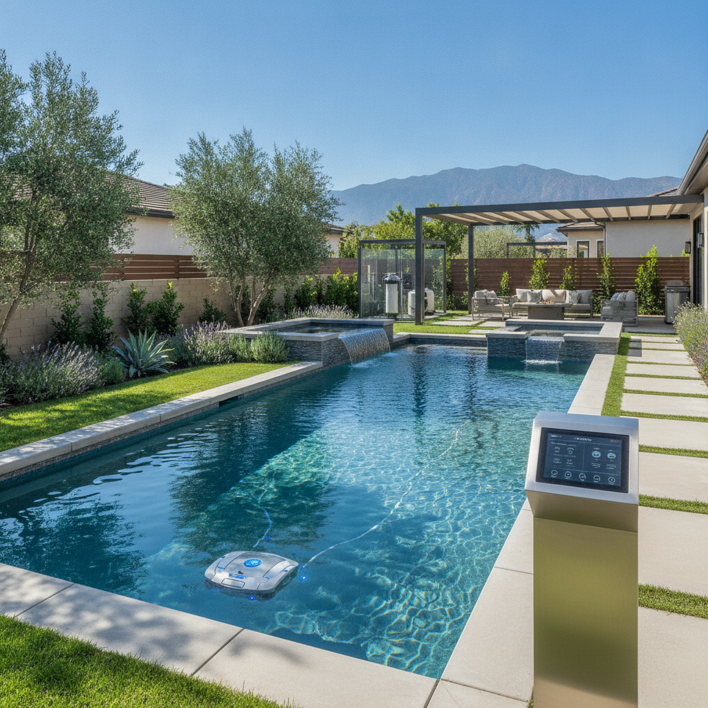 A modern backyard pool with advanced smart pool equipment installation Rancho Margarita CA, featuring sleek automated controls and energy-efficient systems
