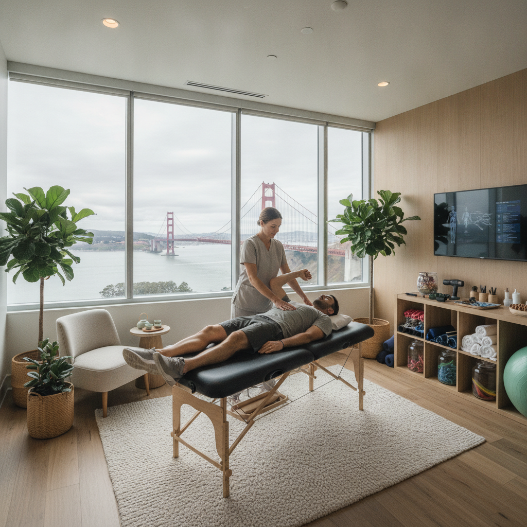 A physical therapist demonstrates nerve flossing for sciatica treatment San Francisco patients can benefit from, showing a gentle leg stretch in a bright clinic