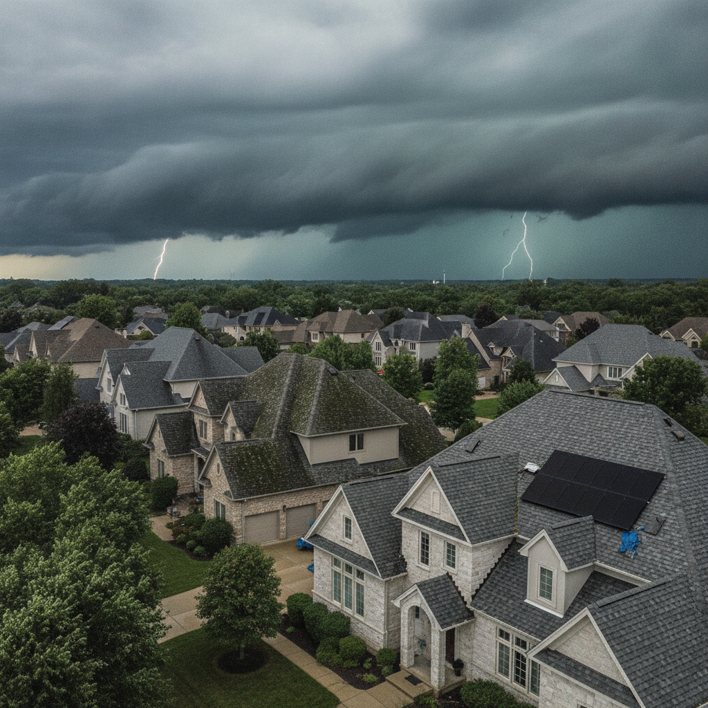 Storm-damaged roof in Bloomfield Hills