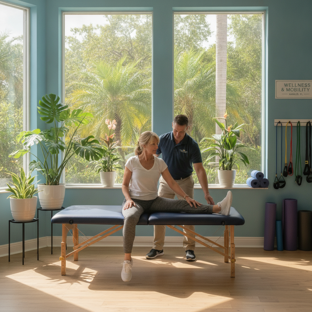 Physical therapist Naples FL helping a patient with arthritis pain management and mobility exercises in a modern clinic setting