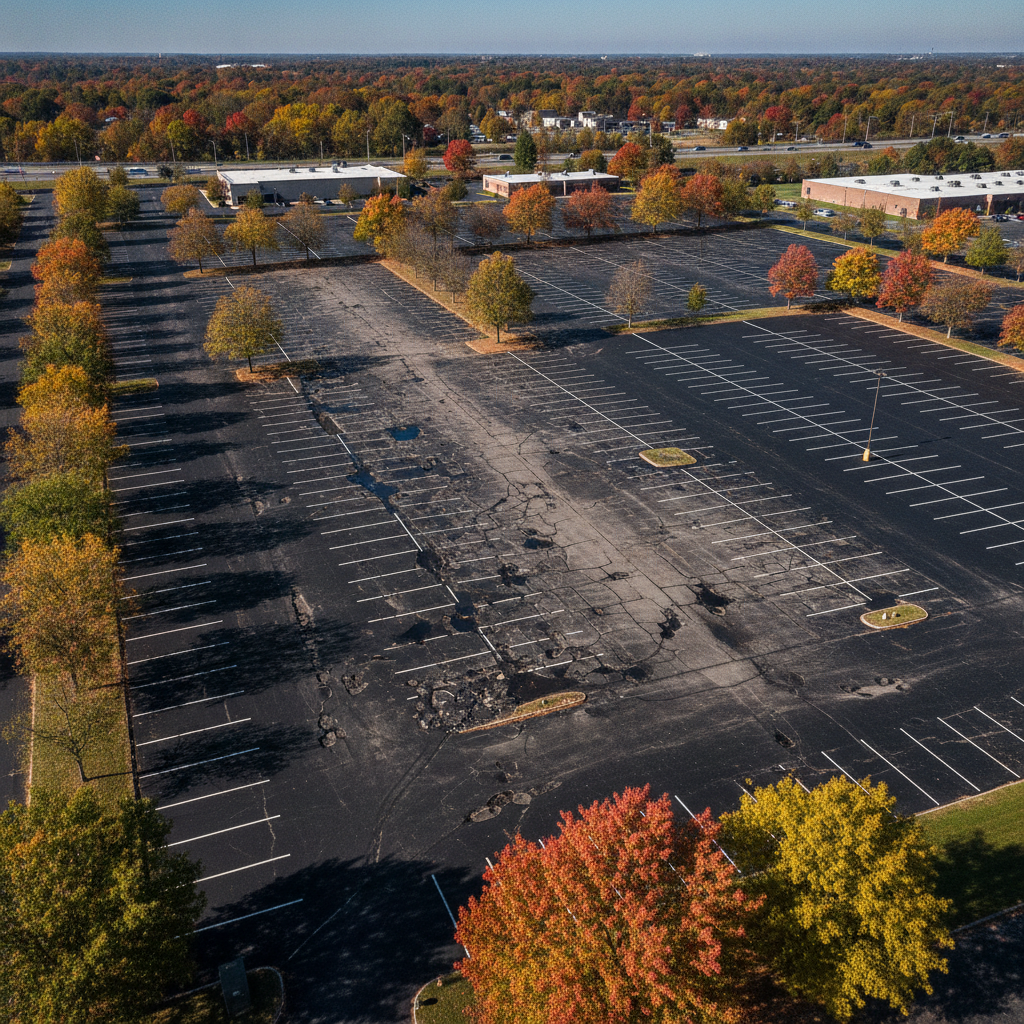 Commercial asphalt paving lot with visible freeze-thaw effects in Lodi NJ neighborhood, showing cracks and patches