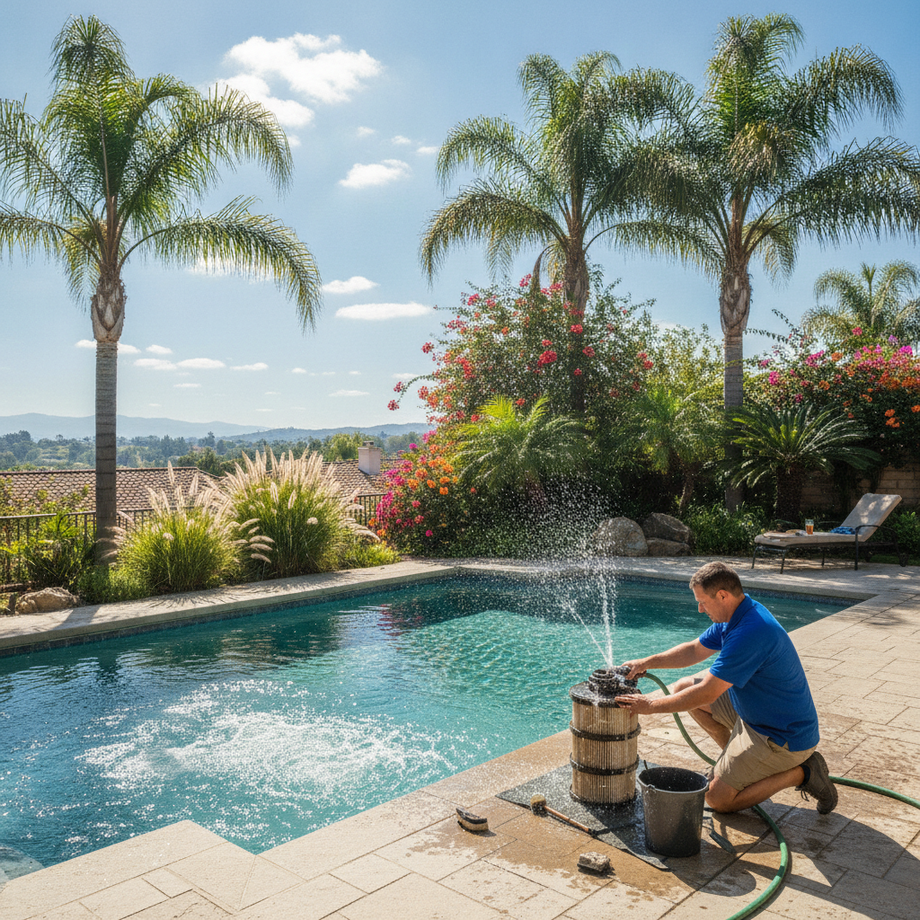 Technician performing pool filter cleaning service Rancho Margarita CA in a sunny, dusty backyard