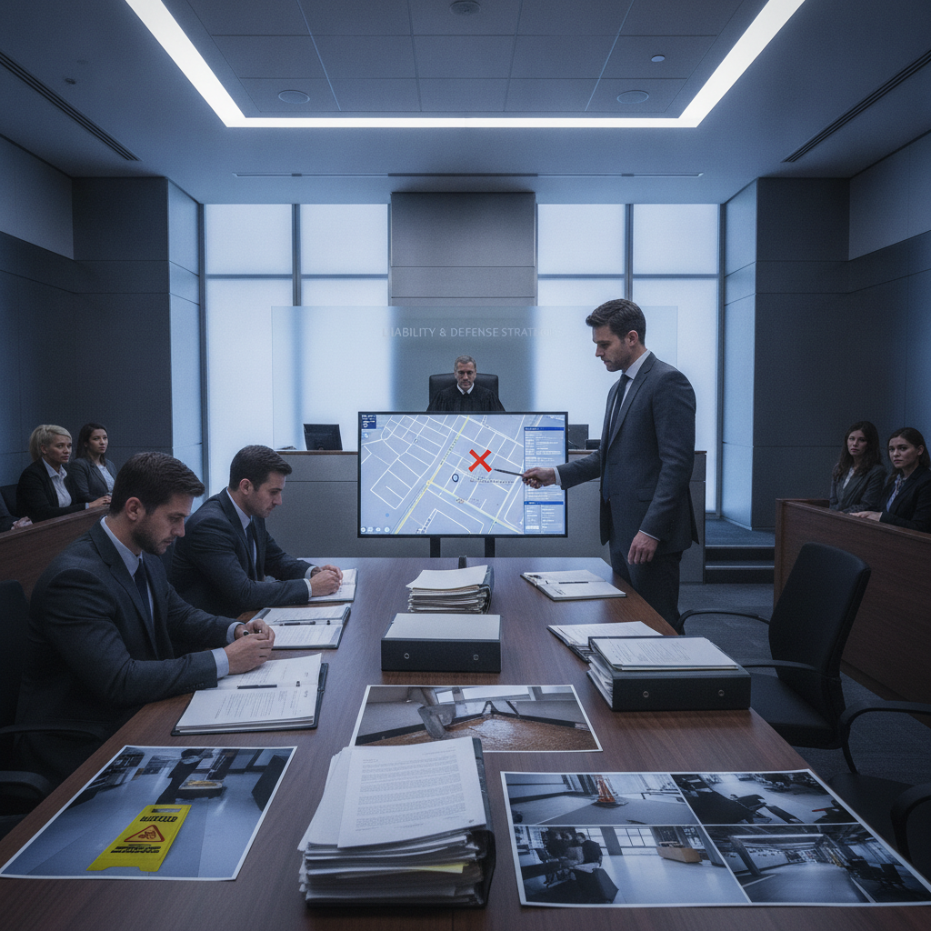 A slip and fall lawyer KC reviewing property owner defense strategies after a fall incident