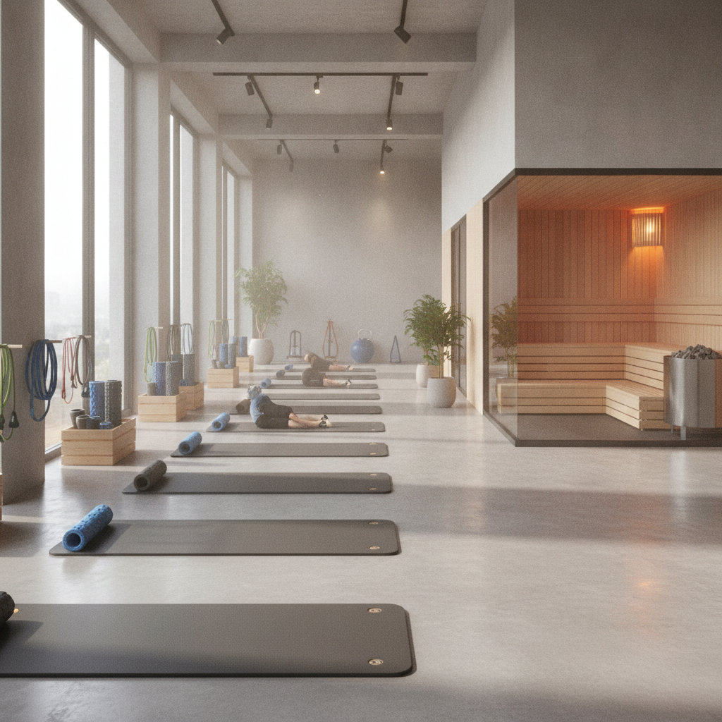 Modern Glendale AZ gym with recovery amenities, including a dedicated stretch area, sauna, and wellness lounge