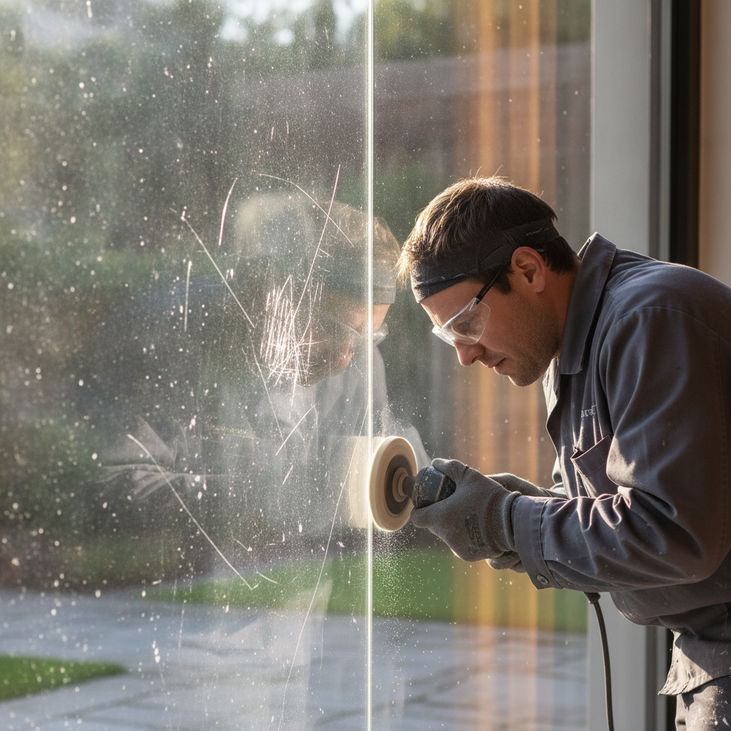 Technician performing professional glass polishing to remove severe hard water etching, demonstrating can professional window cleaning remove hard water stains