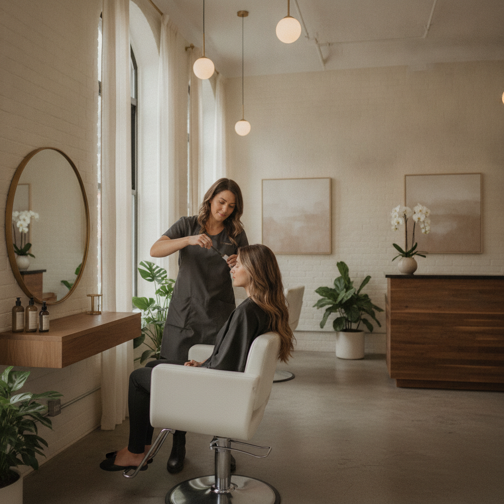 A stylist at a Tribeca salon customizes hair coloring for gray coverage, ensuring a natural grow-out for clients in a modern salon environment