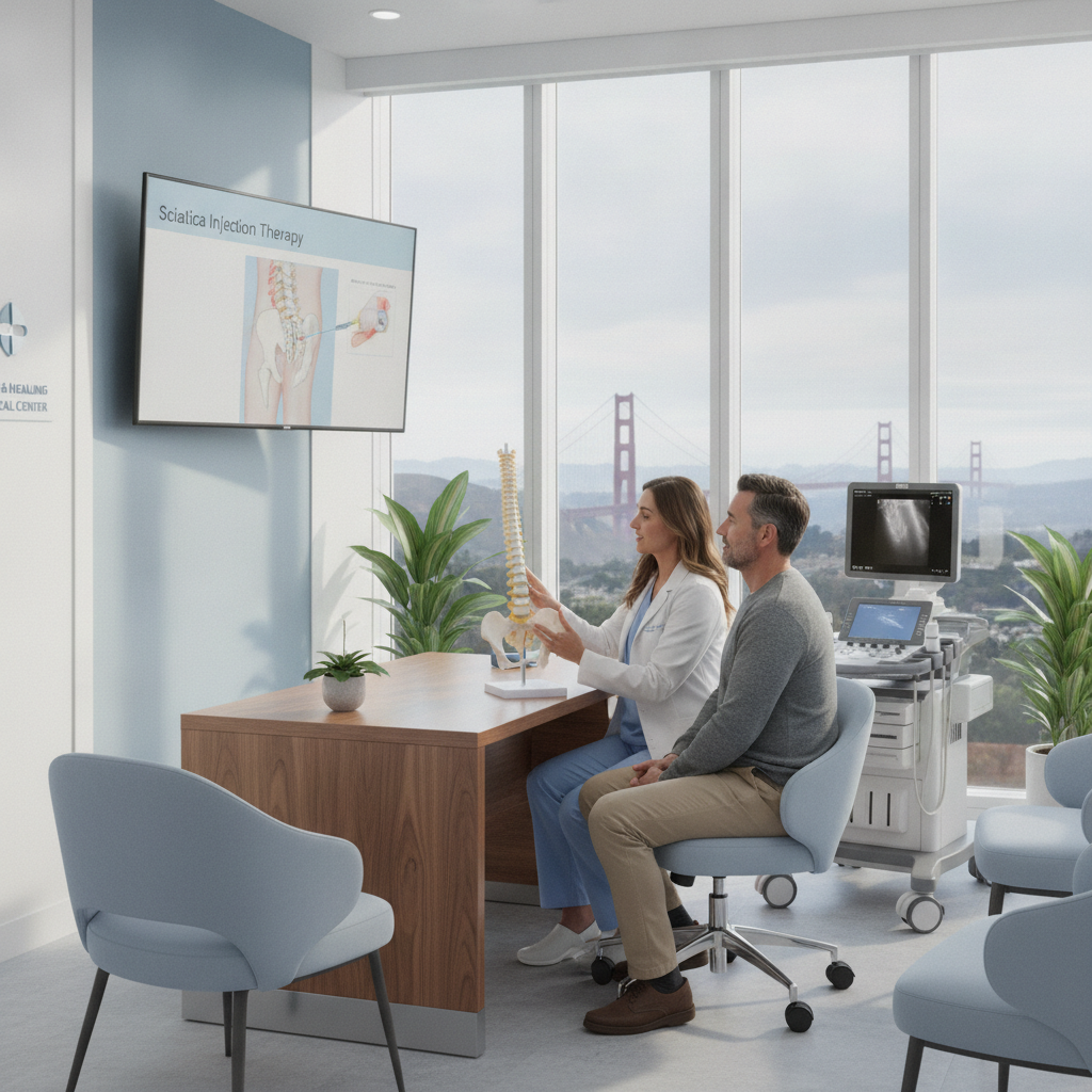 Patient receiving sciatica injection therapy as part of sciatica treatment San Francisco clinic