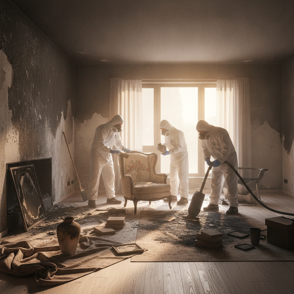 Fire damage restoration Bloomfield Hills contents cleaning process with professionals sorting and cleaning salvaged items