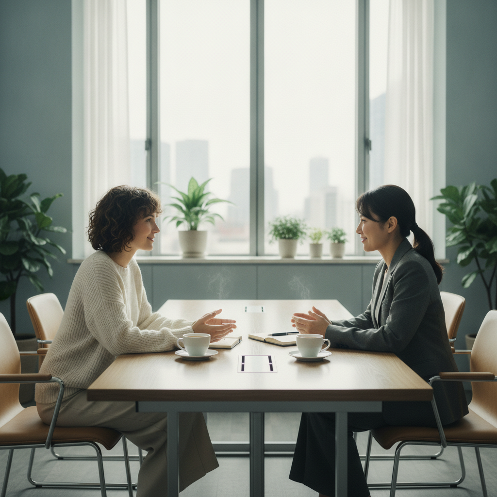 Two business partners in a modern office discussing a document, with a business litigation attorney advising on partnership dispute resolution