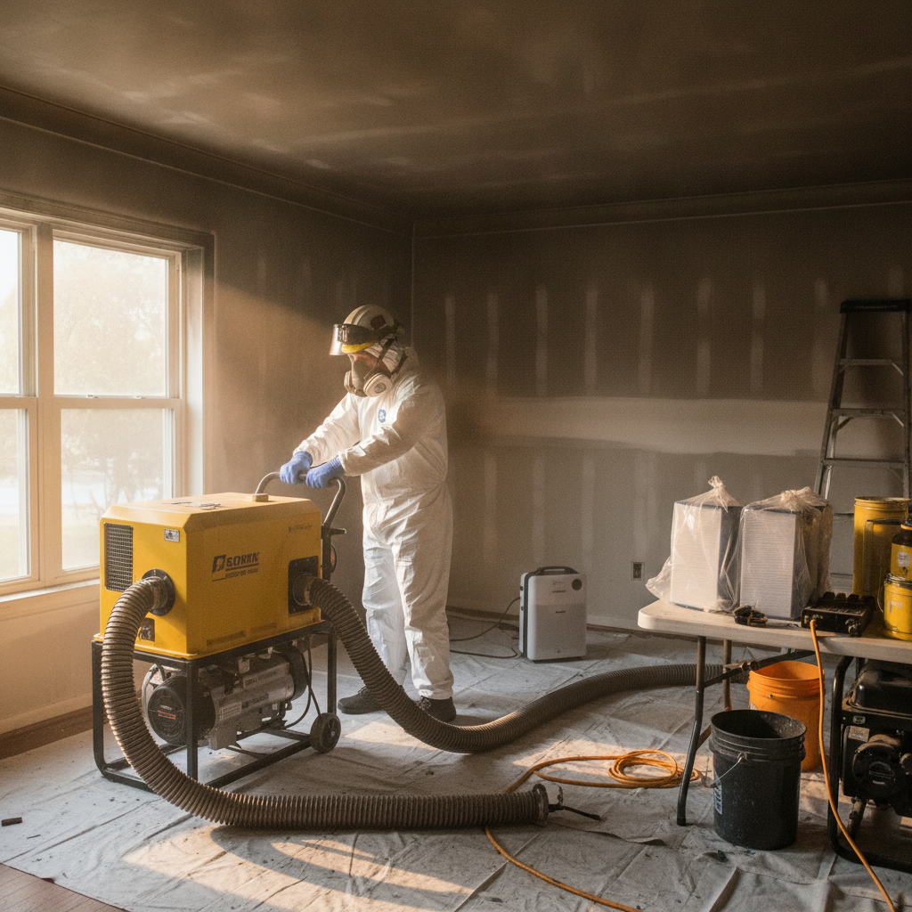 Technicians using advanced equipment for fire damage restoration Bloomfield Hills, removing smoke odor from a commercial property