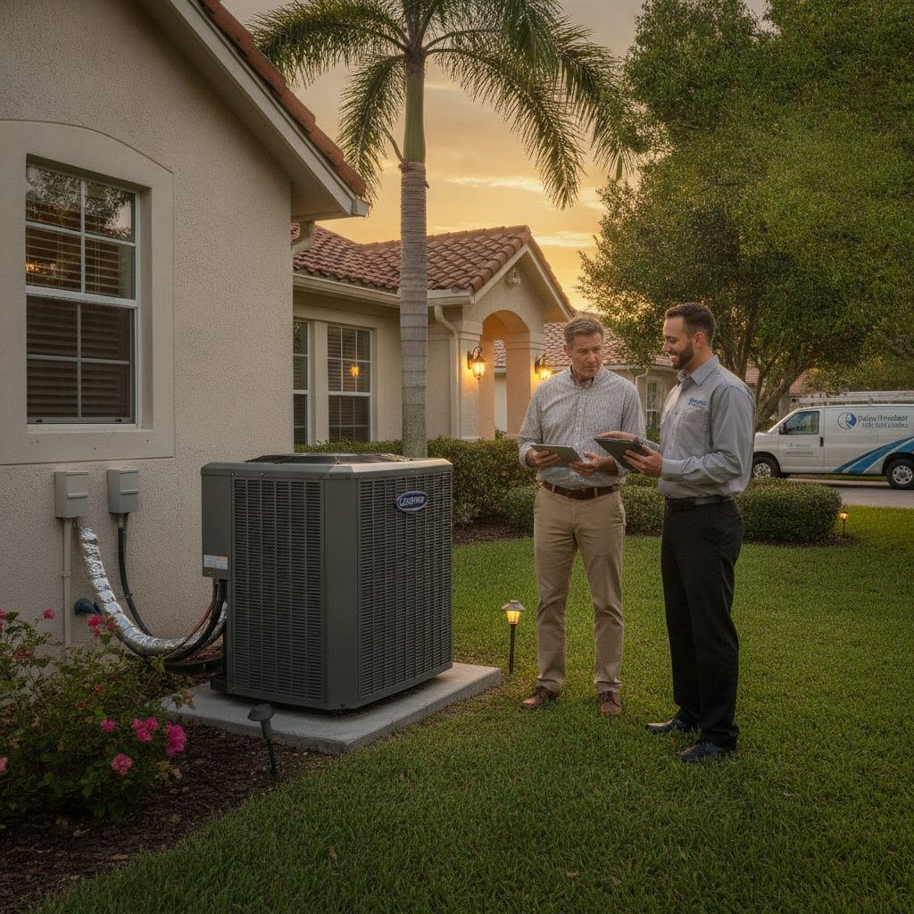 Technician performing emergency AC repair Palm Harbor FL at night, showing tools and AC unit