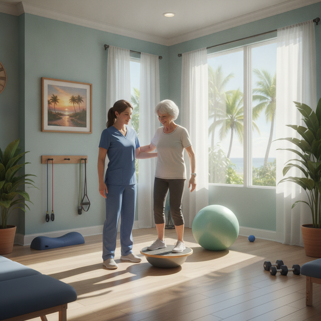 Physical therapist Naples FL helping older adult improve balance and prevent falls in a modern clinic