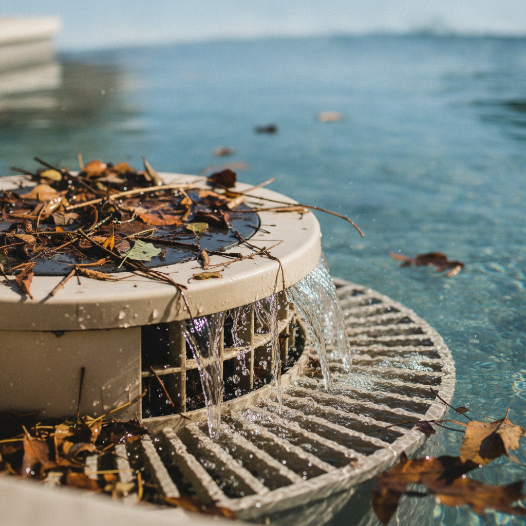 Technician performing pool filter cleaning service in Irvine CA, inspecting a cartridge filter beside a sparkling blue pool