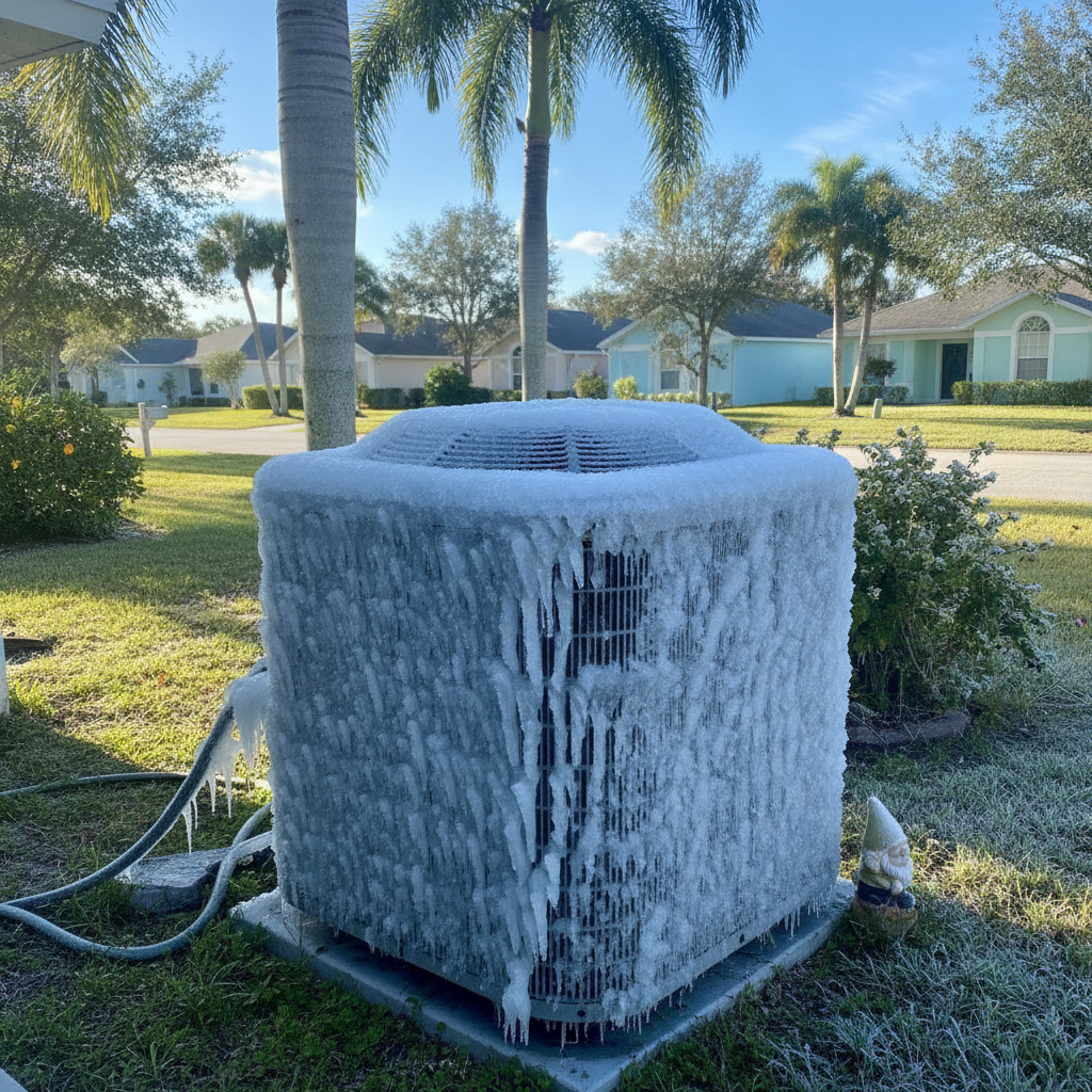 Technician examining a frozen AC coil with tools, highlighting Emergency AC Repair Palm Harbor FL needs