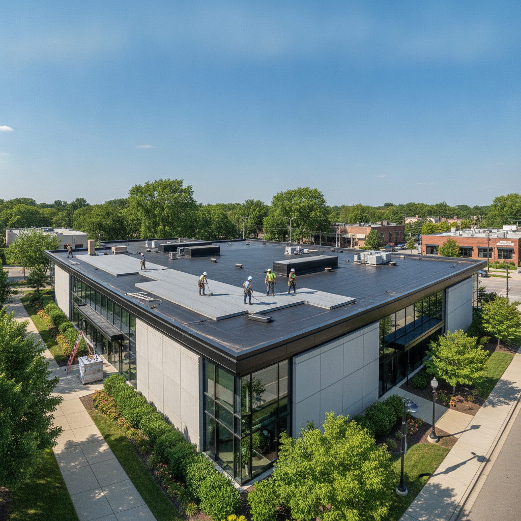 Commercial roofing contractor Bloomfield Hills team installing a flat roof on a business property