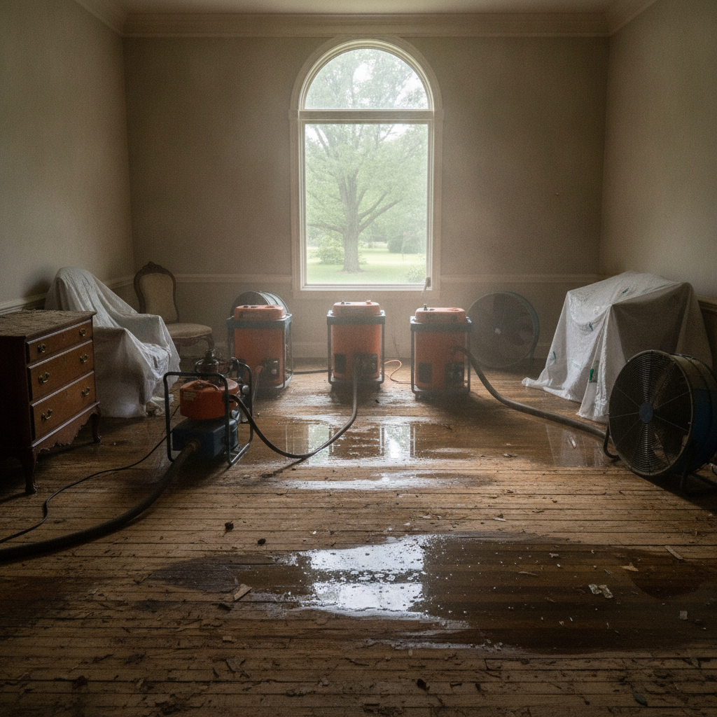 Water-stained hardwood subfloor being inspected during Water Damage Restoration Bloomfield Hills