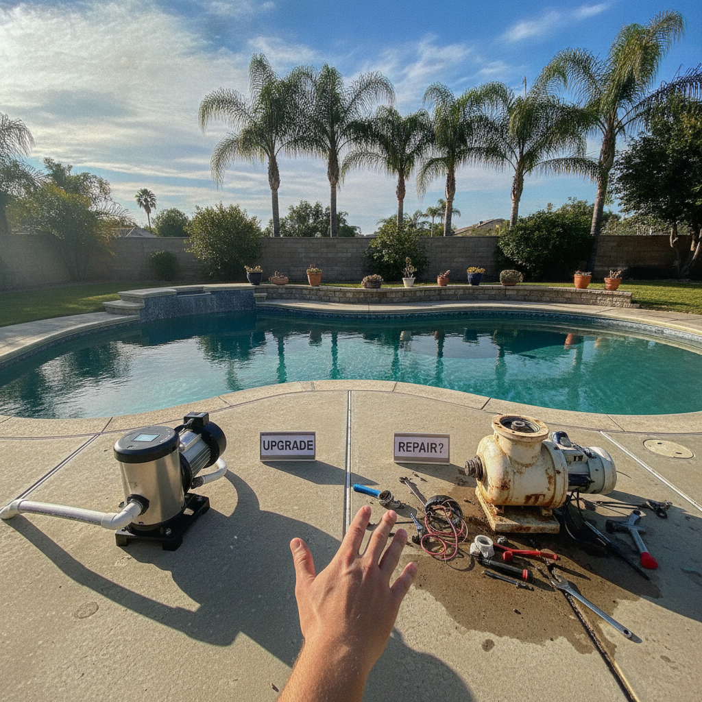Technician performing pool pump repair in Irvine CA with tools and equipment