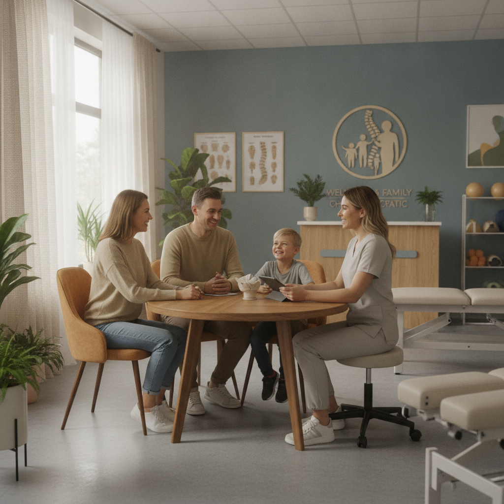 Family receiving Chiropractic Care Mesa AZ in a bright clinic setting