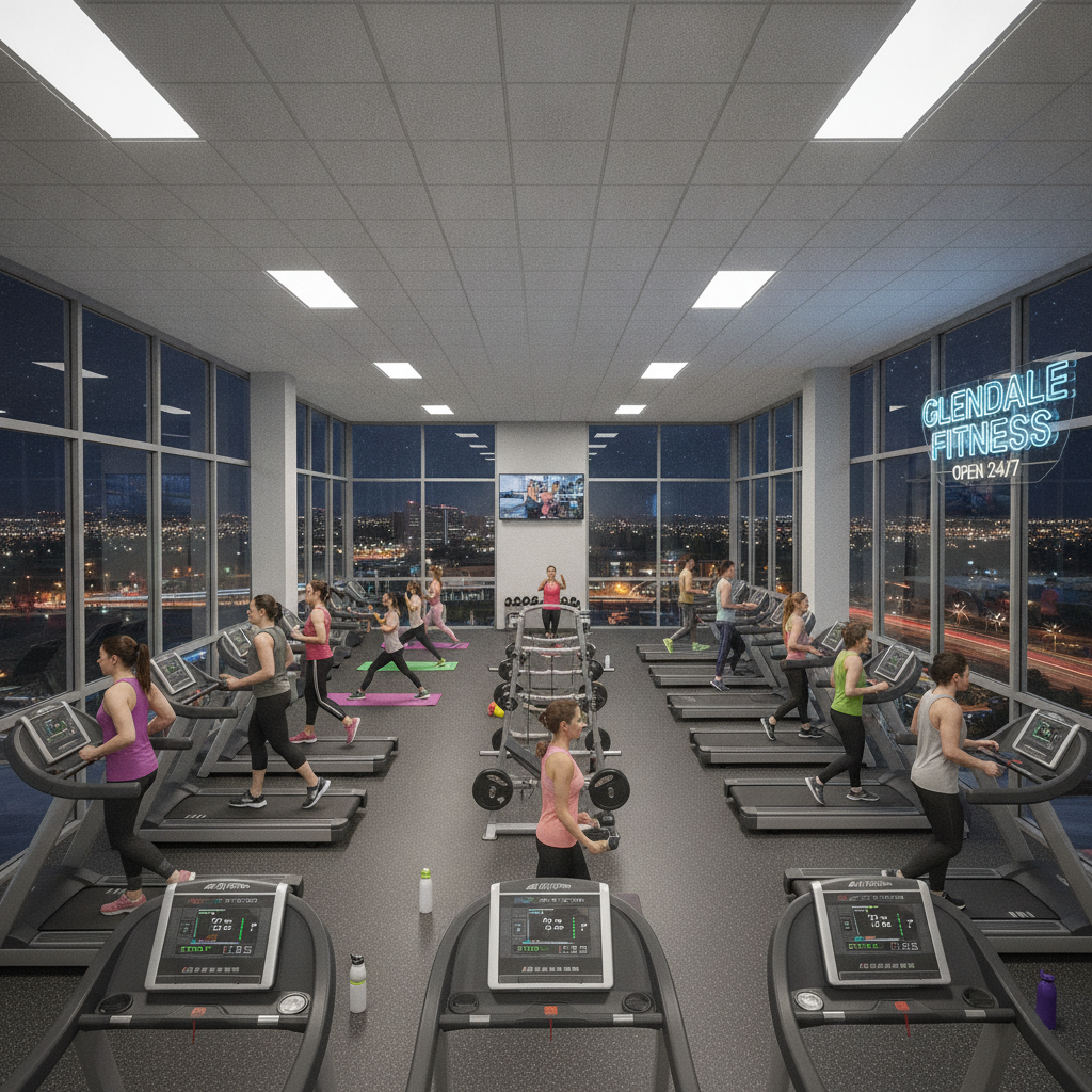 A modern Glendale AZ gym open late at night, showing diverse members training for sustainable health and transformation