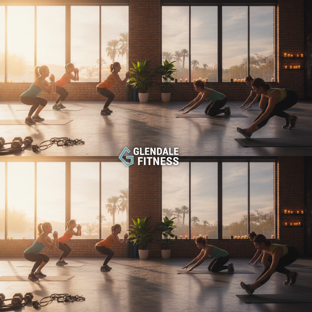 A diverse group in a bright studio taking gym classes Glendale AZ, showing transformation, community, and sustainable health on real-world schedules