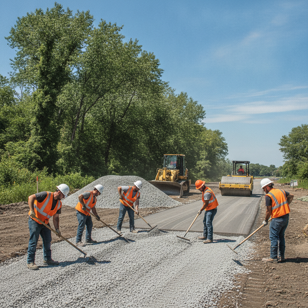 Crew grading and compacting an aggregate base layer before Commercial Asphalt Paving Lodi NJ project