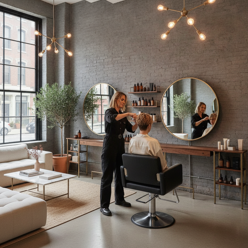 Modern hair salon interior with stylist giving a precision cut, showcasing hair salon Tribeca New York expertise