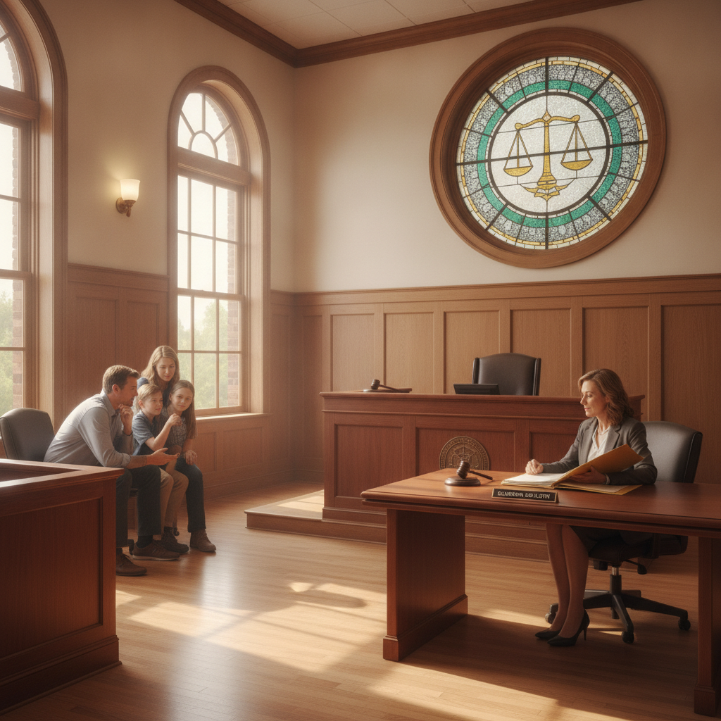 A guardian ad litem meeting with a child and parents in an Ohio child custody case, representing the best interests in an Ohio divorce