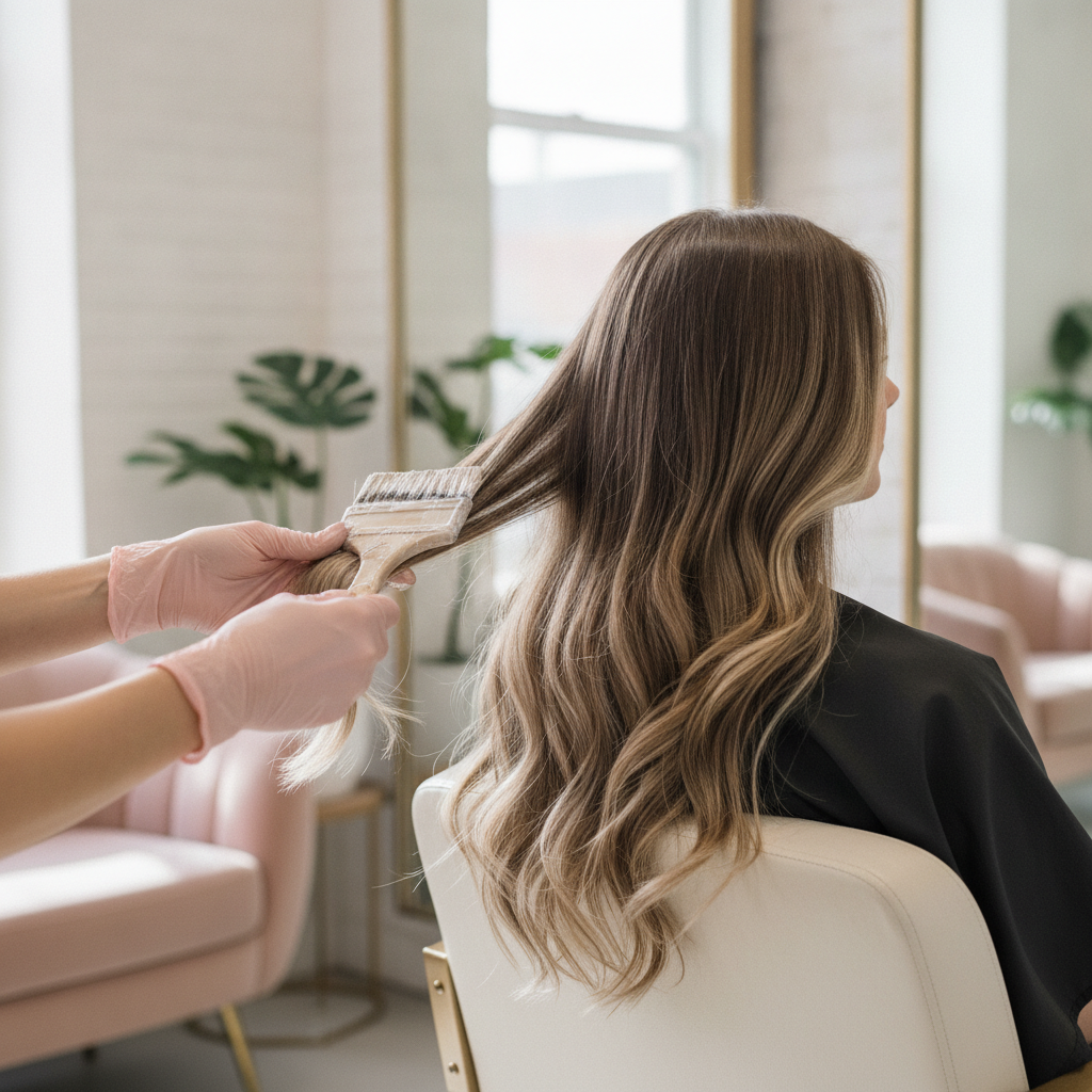 Close-up of sun-kissed balayage highlights on medium-length hair