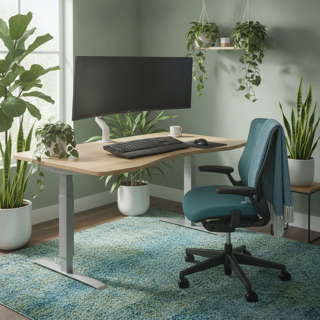 Modern ergonomic desk setup with monitor, chair, and keyboard for back pain relief Rochester Hills