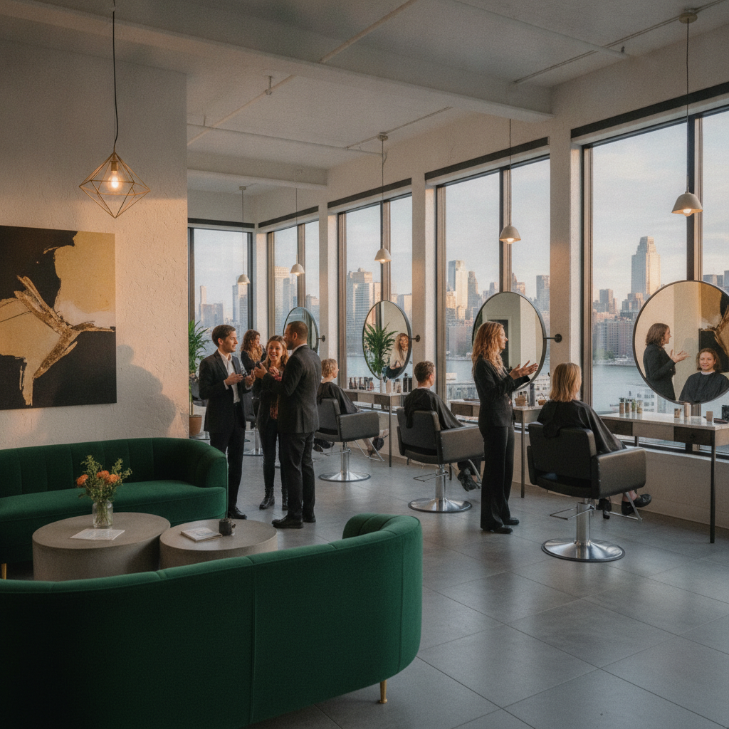 Modern Tribeca hair salon interior with stylish clients and stylists, reflecting hair salon Tribeca New York lifestyle