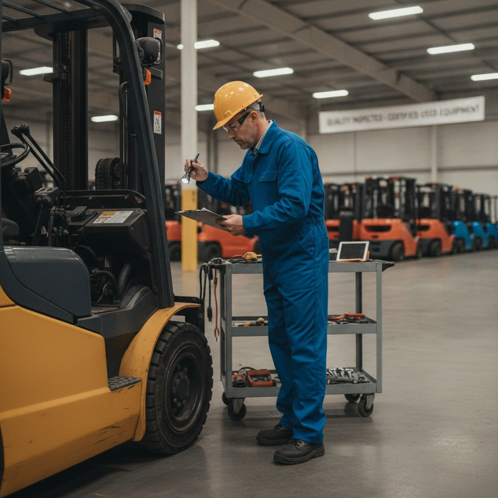 Used forklift inspection checklist for buyers, showing a technician reviewing a forklift for Forklift Sales Rockwall TX